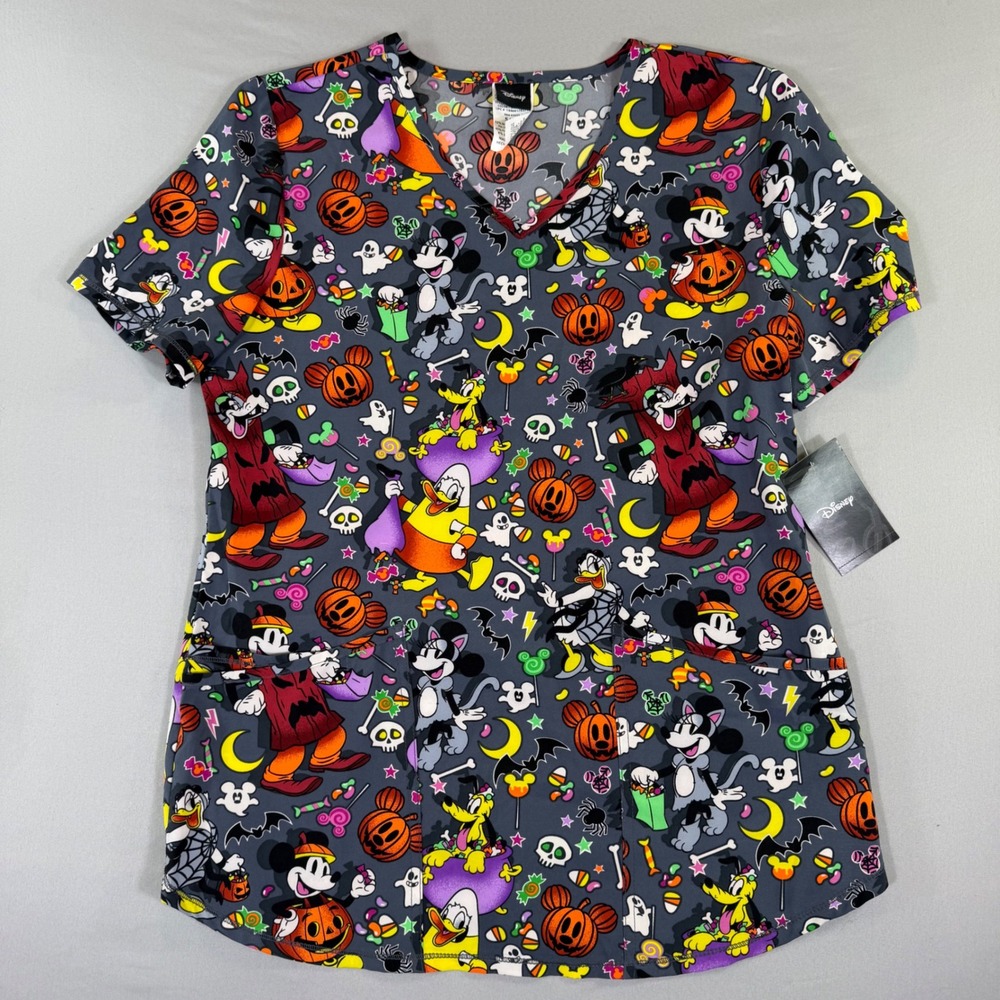 Disney Halloween Mickey Scrub Top Womens Small V-Neck Minnie Pumpkin Holiday